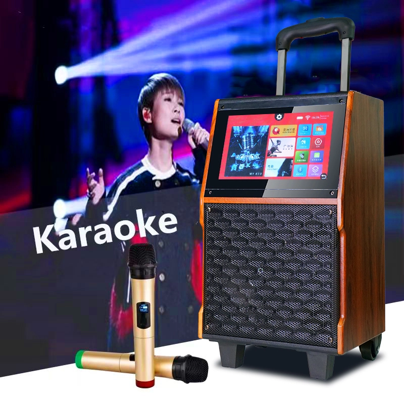 High End HIFI Bluetooth WIFI Connect Karaoke Speaker With Wireless Mic 10-Inch Touch Display Screen Portable Wood Trolley AC/DC/Battery Remote Control BiNKO YX-1209 1