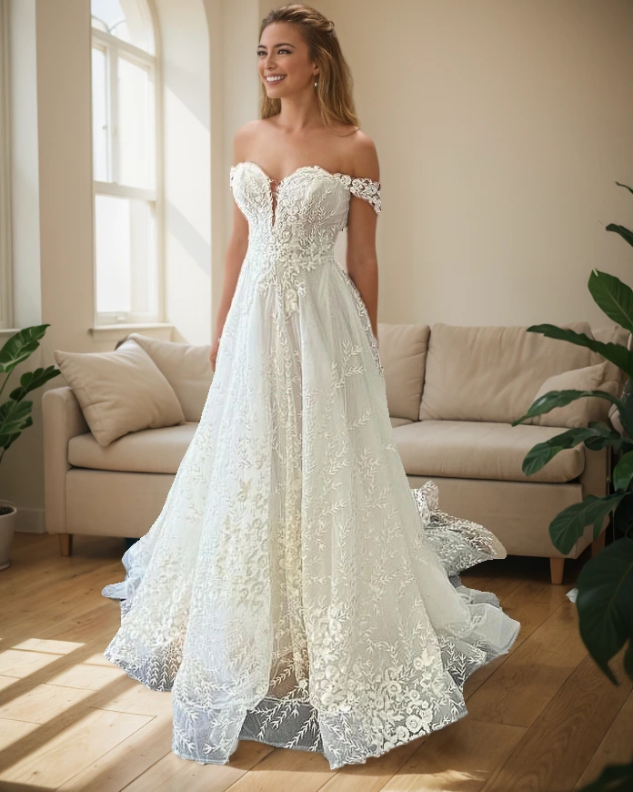 Off The Shoulder A Line Lace Wedding Dress 1