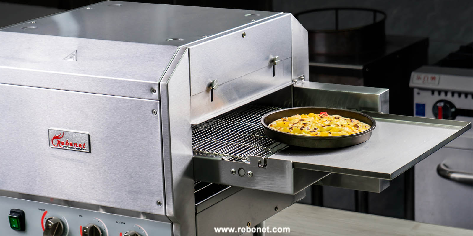 Horno transportador de pizza comercial con correa de velocidad ajustable de  14\, image size:1600x800