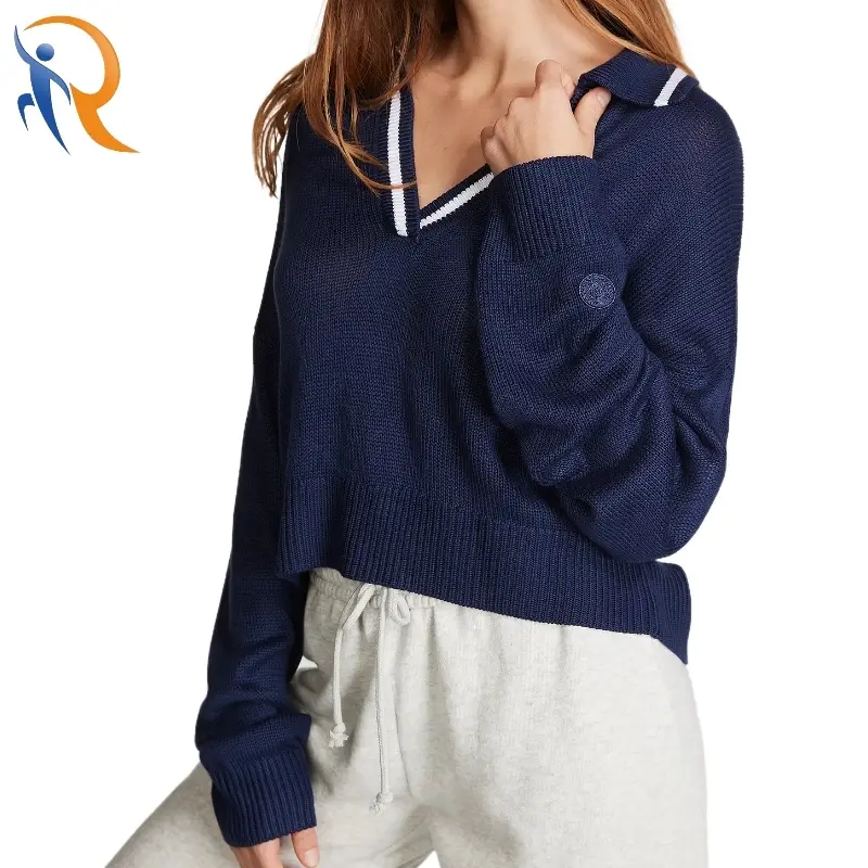 Preppy Navy Bule Contrast Color Turn-down Collar V-neck Knit Crop Top 1