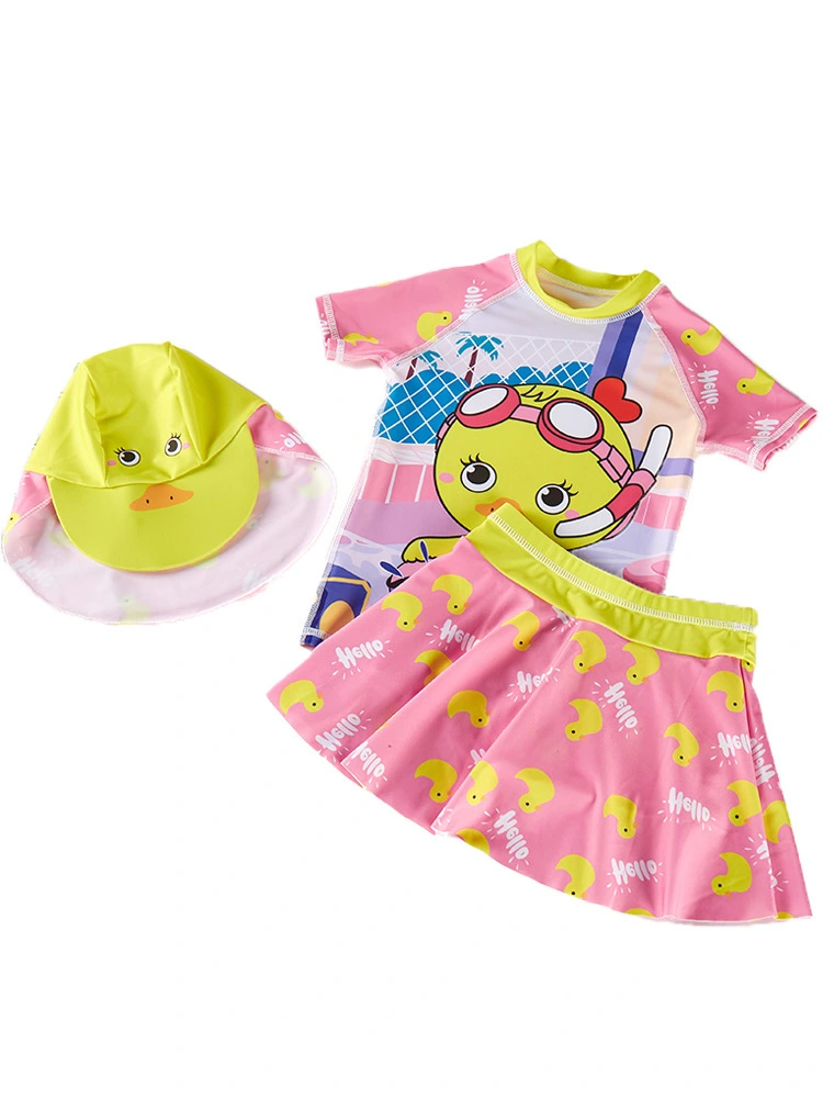 Duck puellae Typis Natantes Cap et Short Sleeve Top ac Skirt 3 Pieces Pone Swimsuit 1