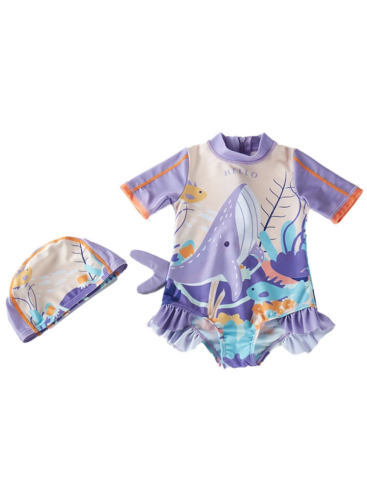 Traje de baño de una pieza con estampado de tiburones y abertura en la pierna con volantes y cremallera trasera de manga corta con gorro para nadar en la playa 1