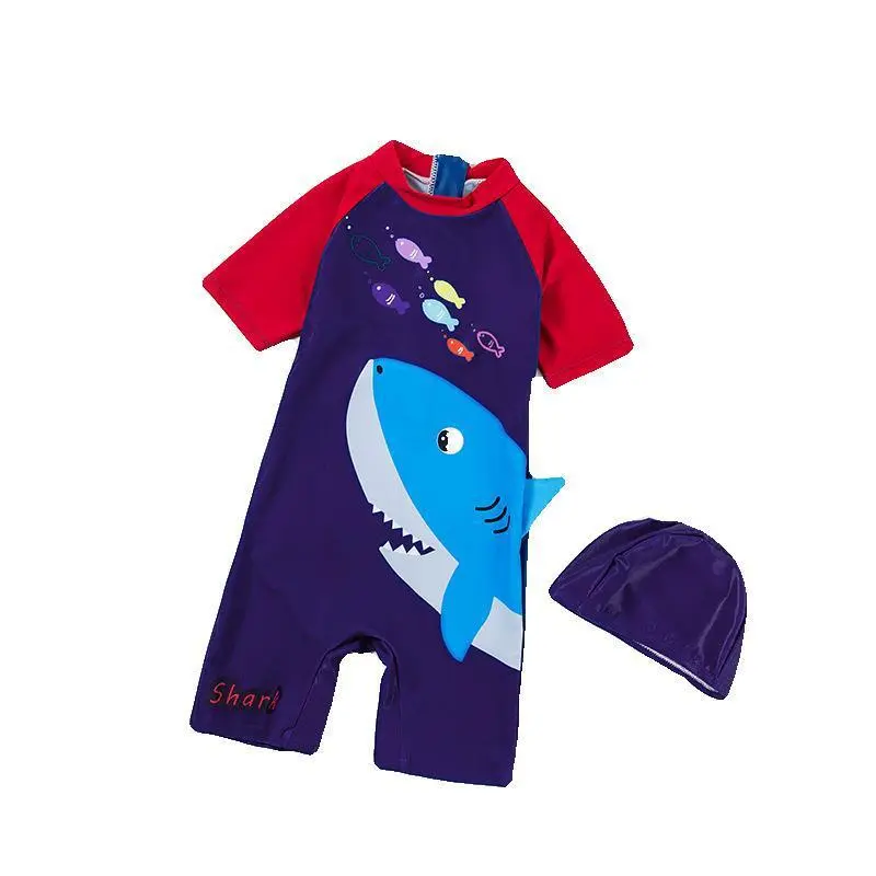 Kids Shark Printet Kontrast Kortærmet One Piece Badedragt og Kasket 1