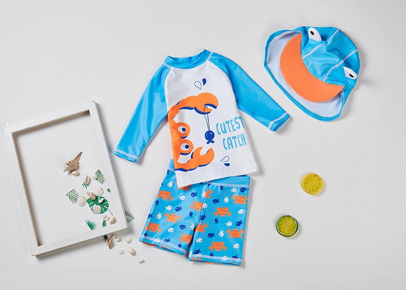 Kid's Crab Printed Long Sleeve Top and Shorts and Cap 3-piece Set Swimsuit 1