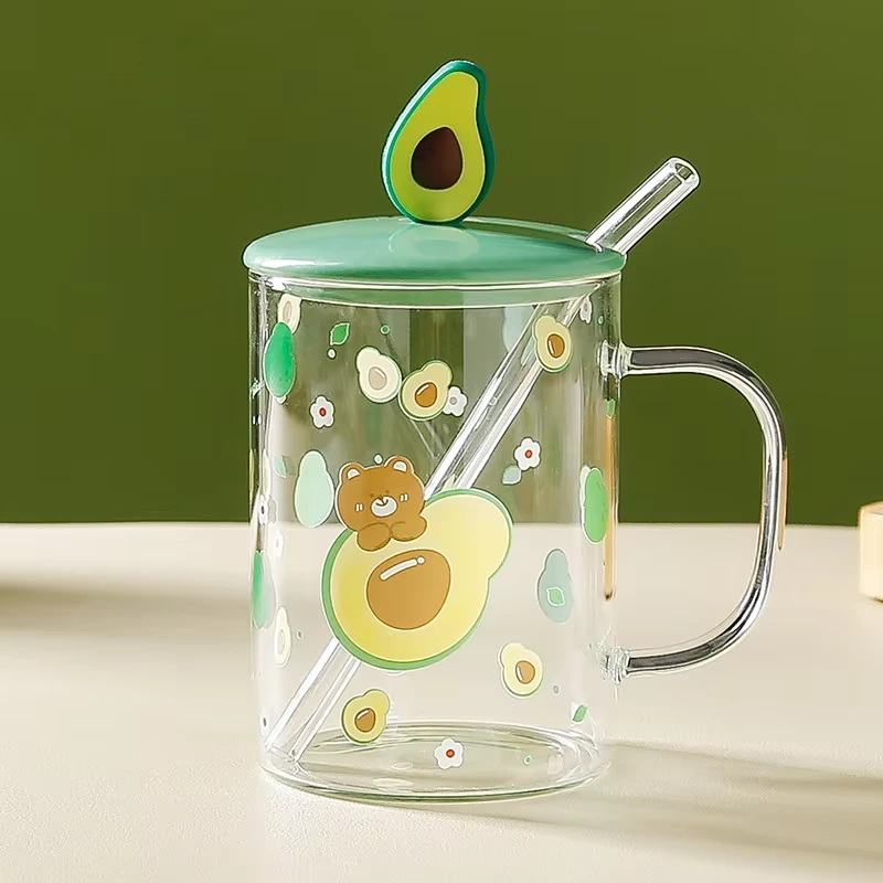 Ins Korea Style Lovely Glassware τρισδιάστατο λεμόνι φράουλα ροδάκινο με κεραμικό καπάκι Γυάλινο Κούπα καφέ Κύπελλο Γραφείου Γυάλινο Κύπελλο καφέ 1