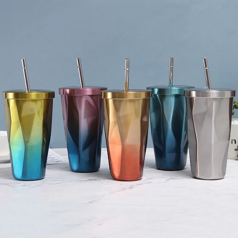 Tasse en acier inoxydable à double paroi isolée avec paille, pour hommes et femmes, eau potable de 500ml, dégradé de couleur sous vide 1