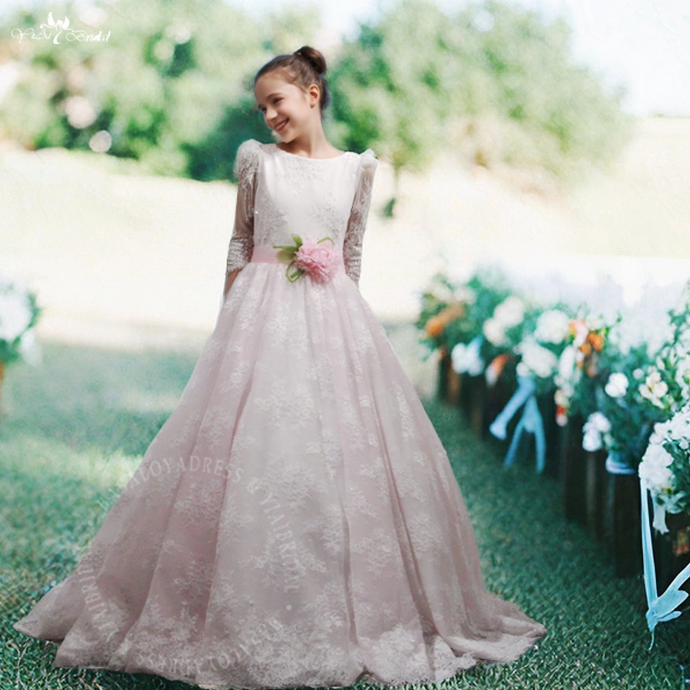 6-14 Years Old Pink Children's Wedding Dresses Girls Long Lace Princess Party Prom Dresses 1