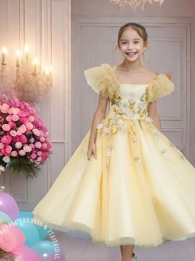Fluffy Yellow Tulle Applique Embellishment Flower Girl Dress 1