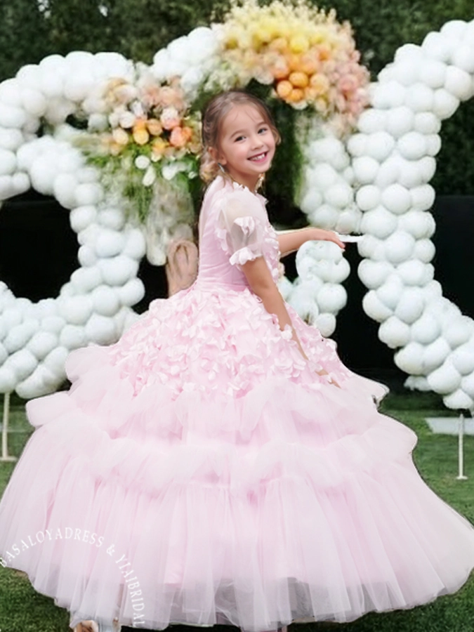 Exquisite Girls Costumes Dresses Short Sleeves V Neckling Formal dresses Pink 1