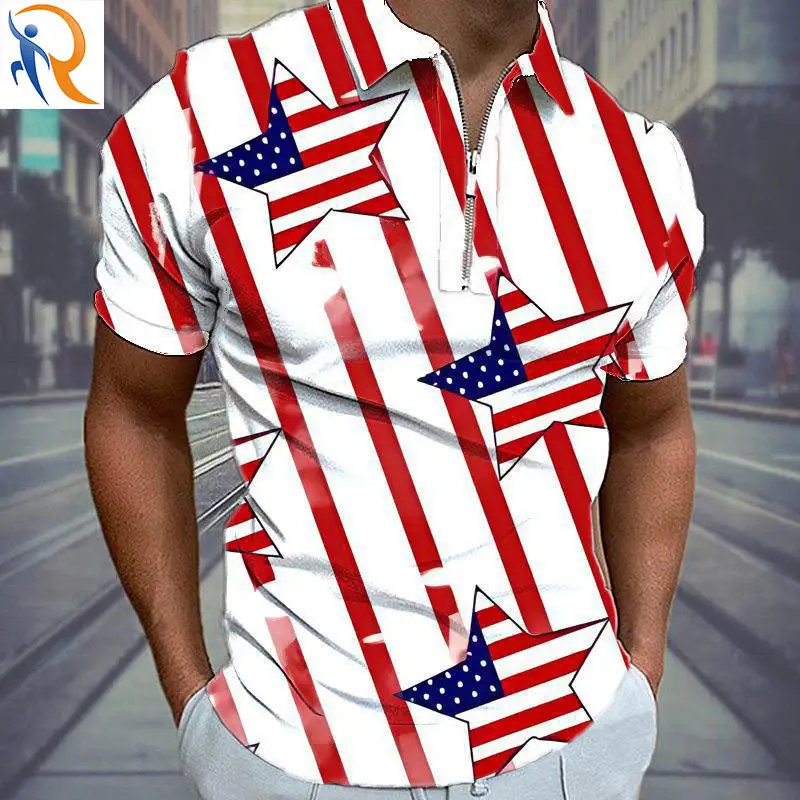 Fashion Shirt American Style Digital Printing Pattern Slim 1/4 zip POLO Shirts 1