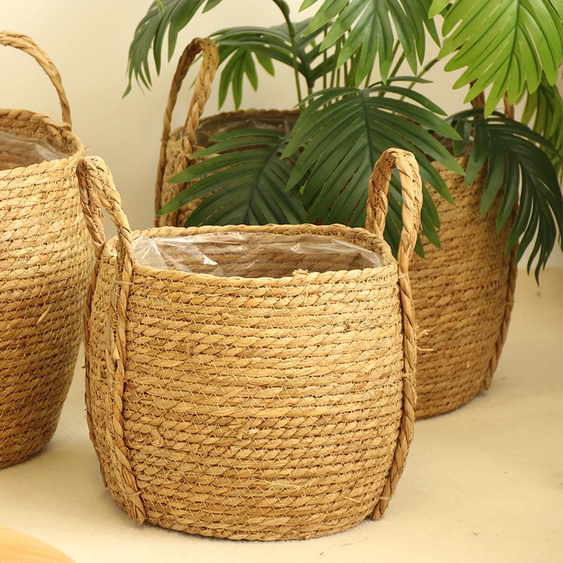 Basket Gem  pastoral style straw decoration plant pot   strengthen handle design 1