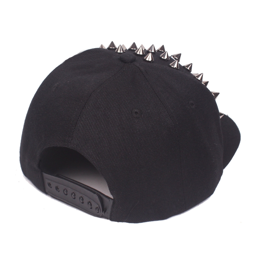 Rear view of a black studded cap showing the adjustable snapback closure.