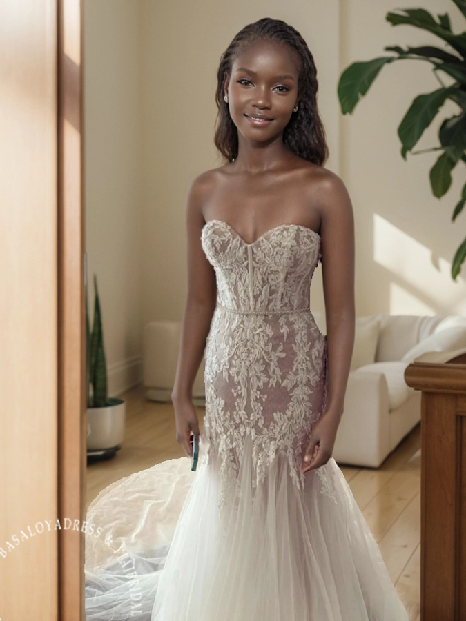 Customized Colored Sweetheart Neckline Lace Bridal Dress Mermaid Wedding Dresses 1