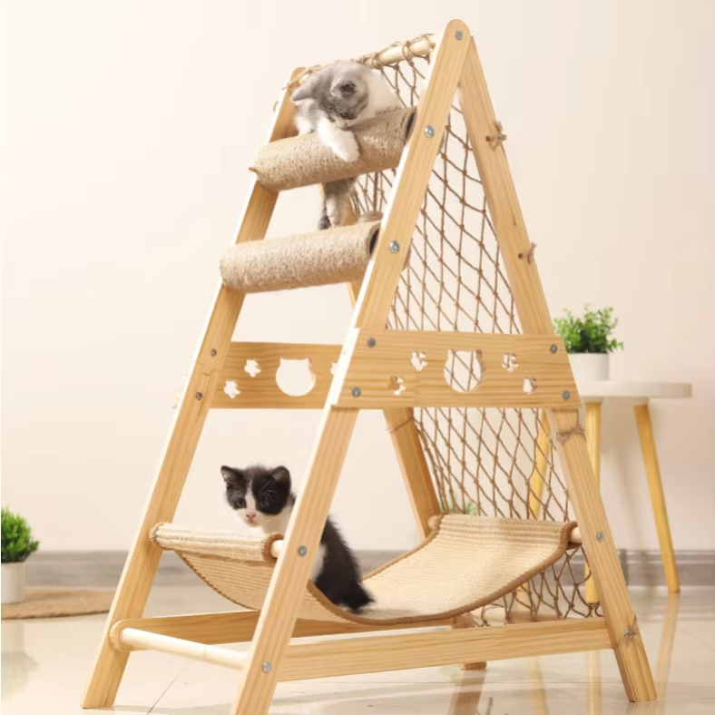 Cat Climbing Net Tree Tower Scratcher Climbing Jumping Frame Wooden Cat Nest Hammock Bed Suitable for Multi-cat Family 1