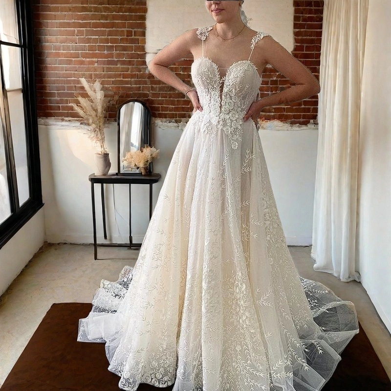 Best Straps A Line Wedding Dress Lace- Yiaibridal 1