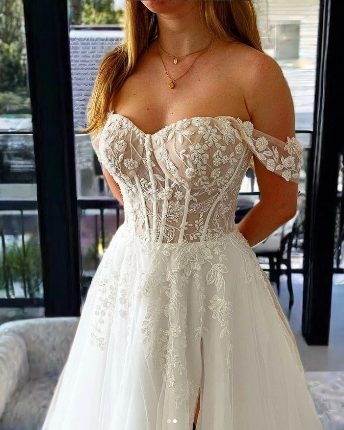 Off The Shoulder A Line Beach Wedding Dress With Slit 1