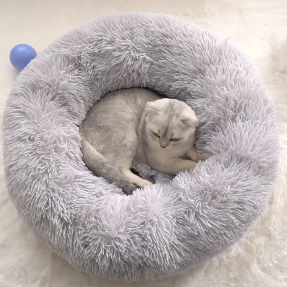 Personalización de tamaños de cama con cojín para mascota de donut suave de felpa larga disponible 1