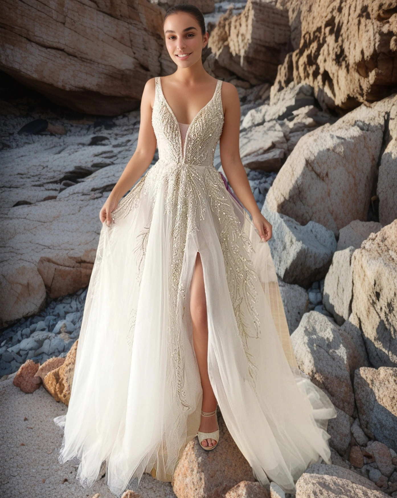 Sexy silbernes Brautkleid mit Perlenbesatz in A-Linie und V-Ausschnitt und Schlitz 1