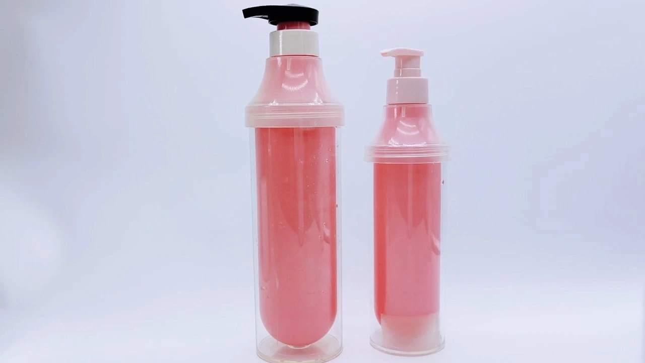 Glamorosa botella de loción corporal de doble pared transparente rosa de 300 ml/480 ml para el cuidado de la piel. 1