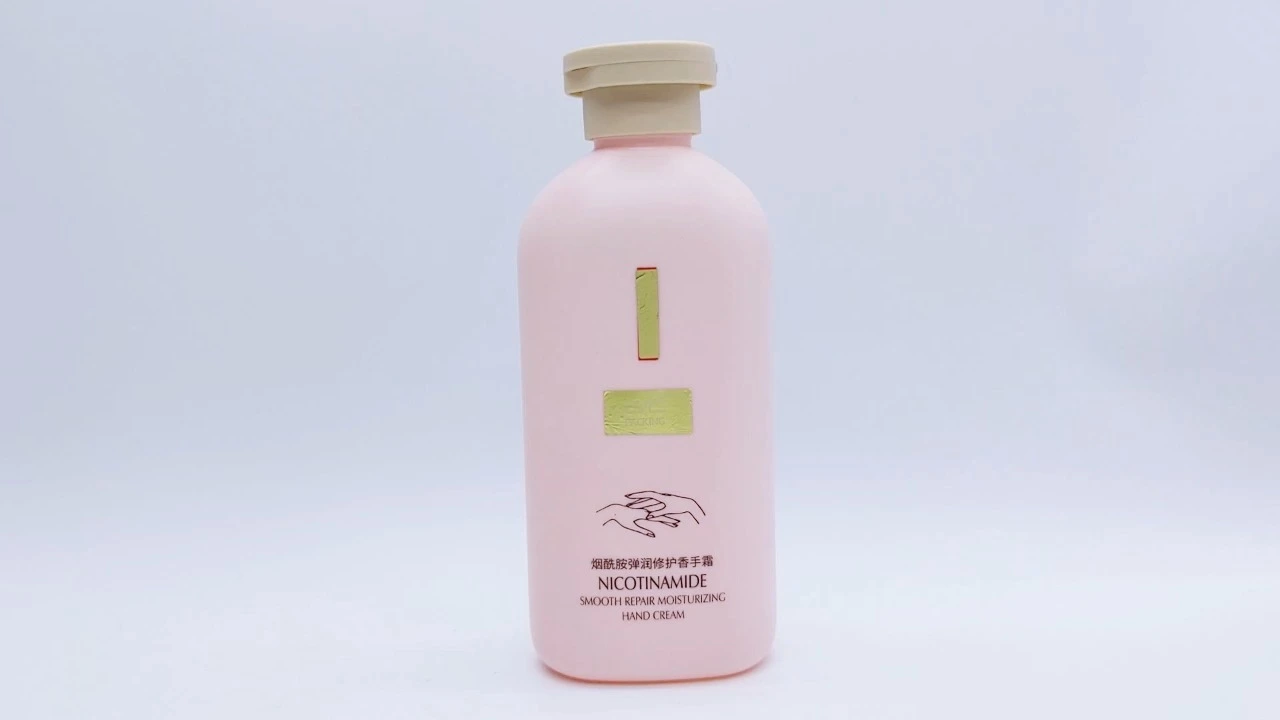 Glamorosa botella de loción corporal de PE/PET rosa de 300 ml para el cuidado de la piel. 1
