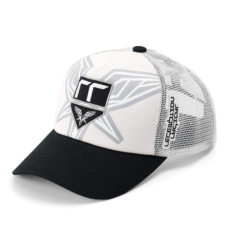 individuell bedruckter Trucker-Hut aus Baumwolle mit 5 Panels und besticktem Mesh und gebogener Krempe 1