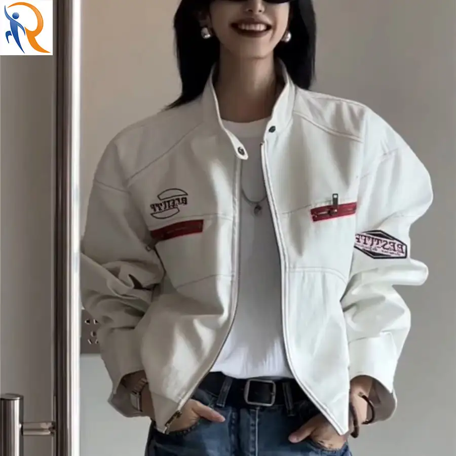 American high street PU leather motorcycle jacket men and women spring and autumn small loose short embroidery fashion Spice Girl jacket 1