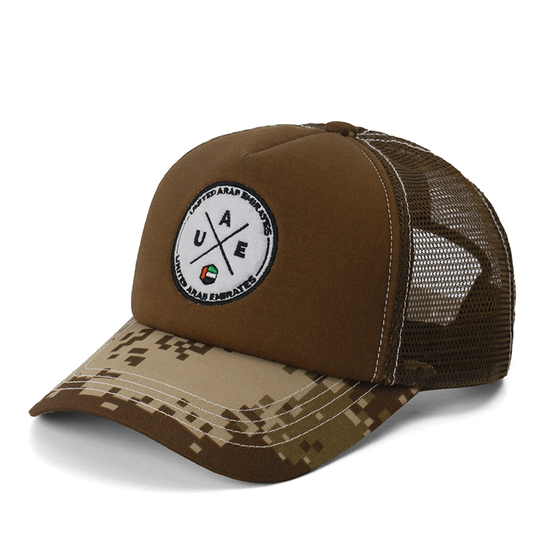 Sombrero de camionero de espuma de 5 paneles de algodón de camuflaje con bordado flocado 1