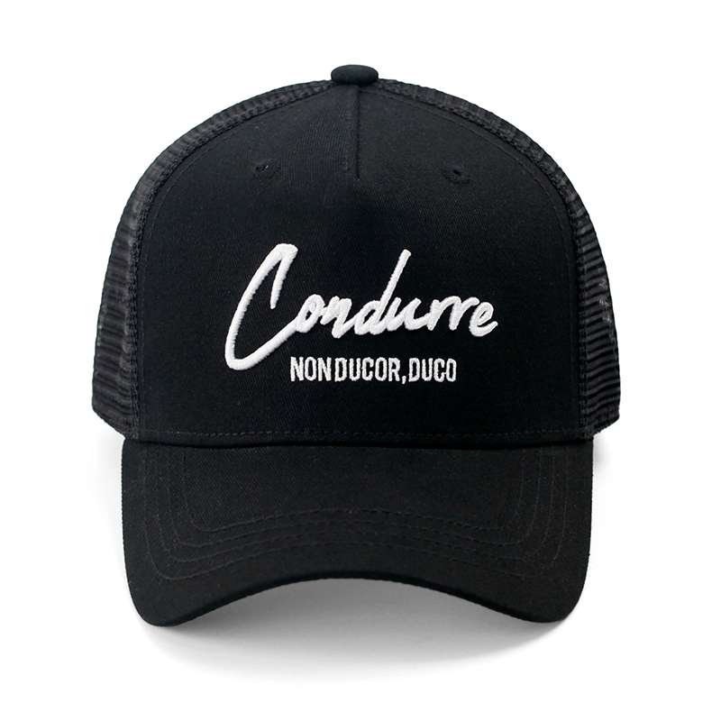Cappello da camionista in rete con ricamo 3D in cotone tinta unita a 5 pannelli per esterni con regolazione 1