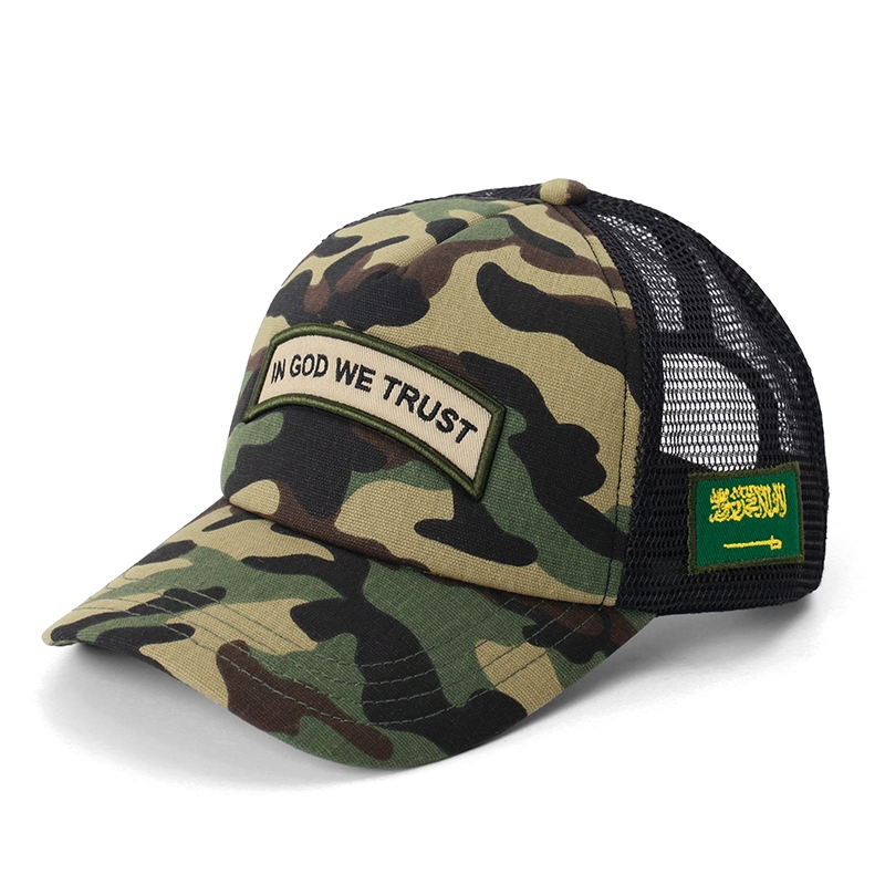 Sombrero de camionero deportivo de espuma de camuflaje de malla con 5 paneles bordados de algodón de camuflaje 1