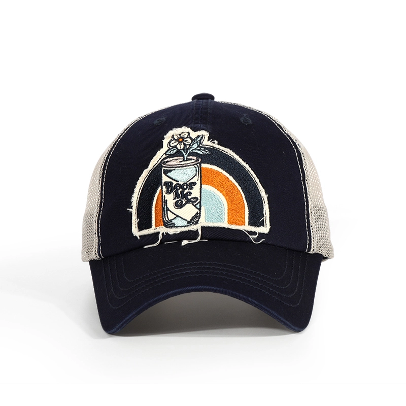 Sombreros de camionero de malla deportiva con bordado de tela desgastada de algodón de 6 paneles 1