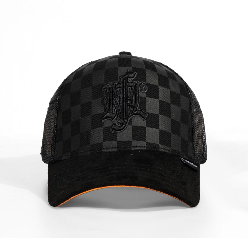 Schwarze Trucker-Mützen mit gebogenem Schirm und 5-Panel-3D-Stickerei im Schachbrettmuster 1