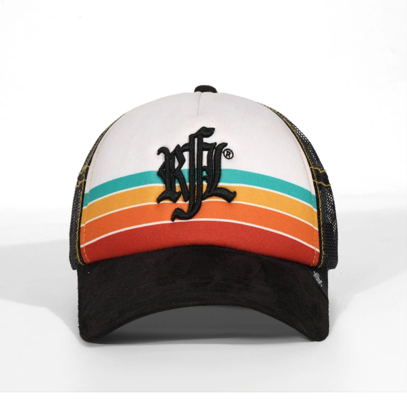 Strukturierte 3D-Stickerei-Trucker-Mütze aus Baumwolle mit gebogener Krempe und 5-Panel-Mesh-Mütze 1