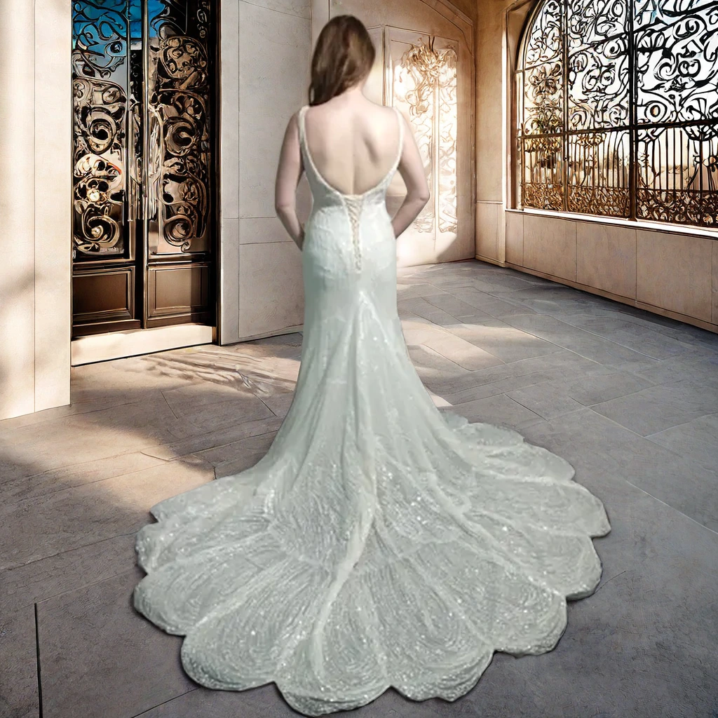 Champagne V-Neck Mermaid Wedding Dress with Sequined Fan Tail and Sleeveless Design 1