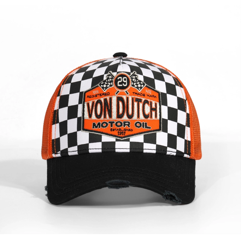 Unisex-Stickerei Orange 5-Panel Upside-Down Checked Mesh Trucker Hat 1