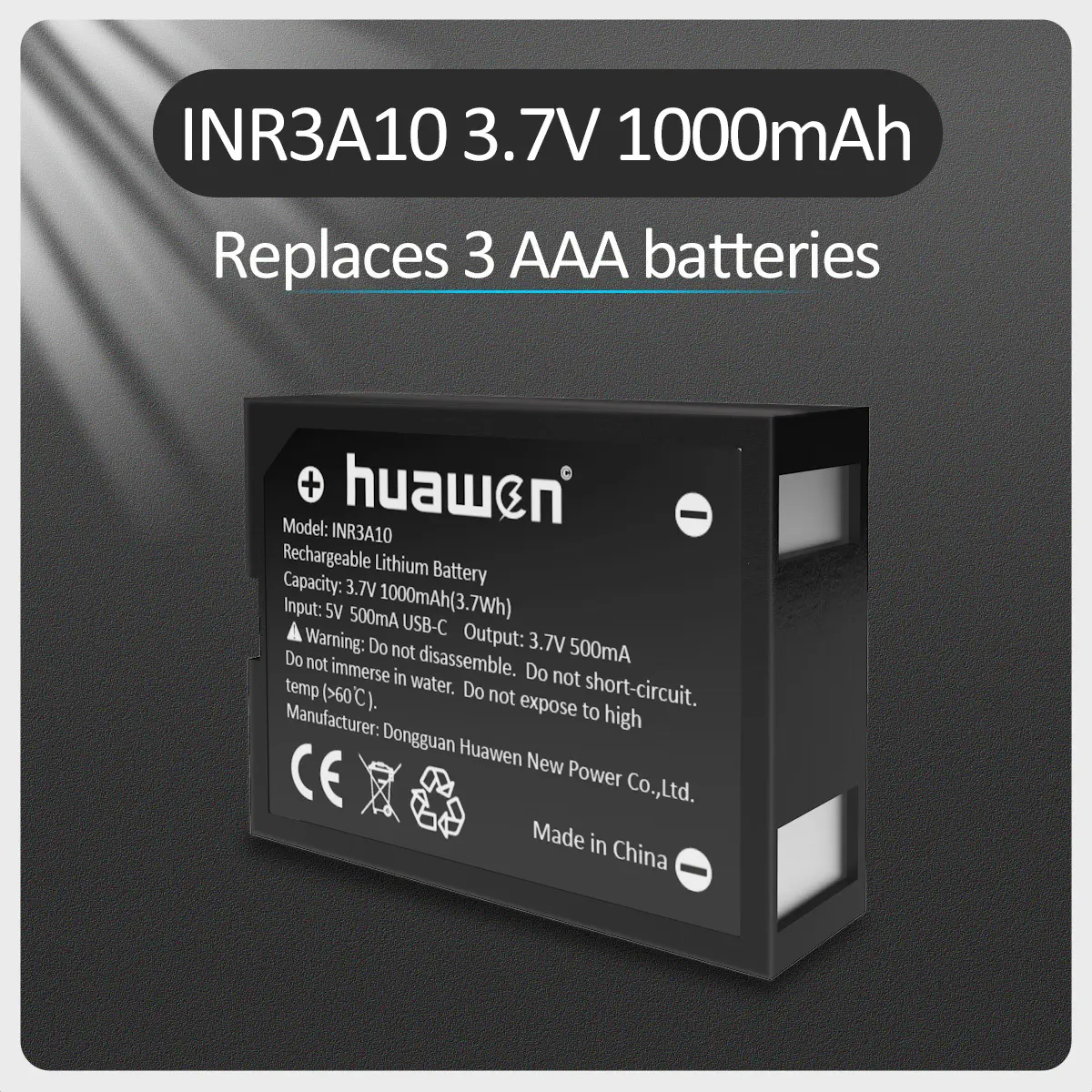 Перезаряжаемая батарея INR3A10 1000 мАч заменяет 3 щелочных/никель-кадмиевых/никель-металлгидридных аккумулятора типа ААА 1