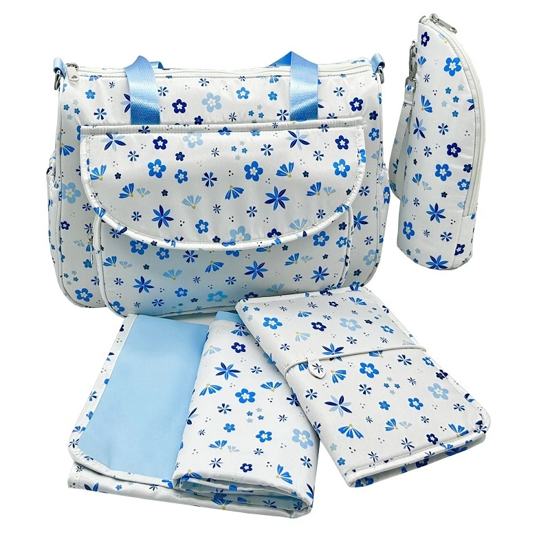 Bolsa de pañales floral de PU con cambiador Bolsa de bebé multifunción mejorada con bolsa para biberón Correa de hombro ajustable para viajes esenciales 1