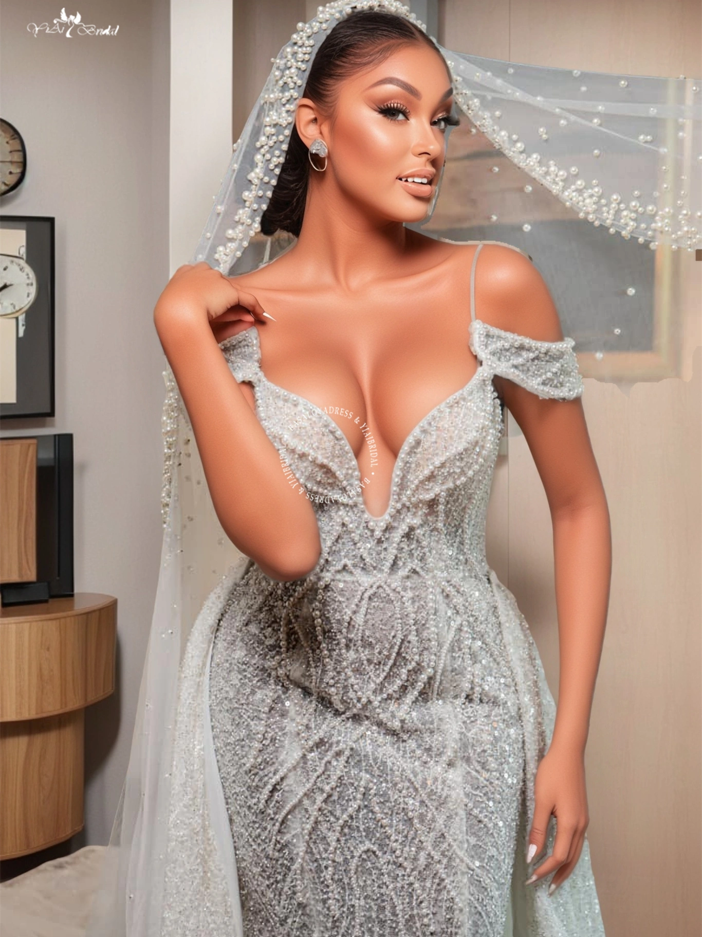 Luxury Custom Made Pearls Wedding Dress with Detachable Train Off Shoulder Vestido de Novia 1