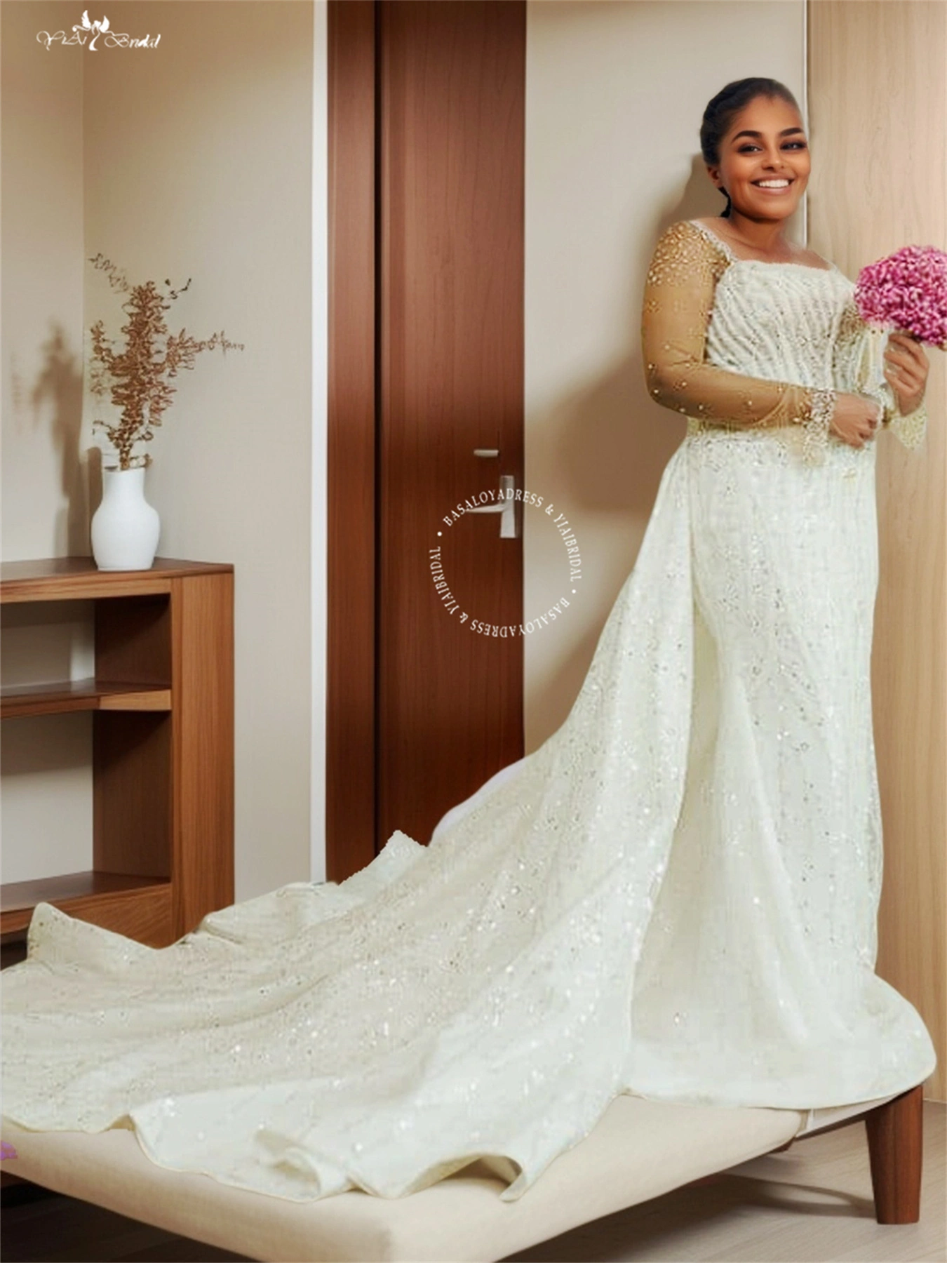 Luxury African Wedding Dress with Square Neckline & Detachable Train 1
