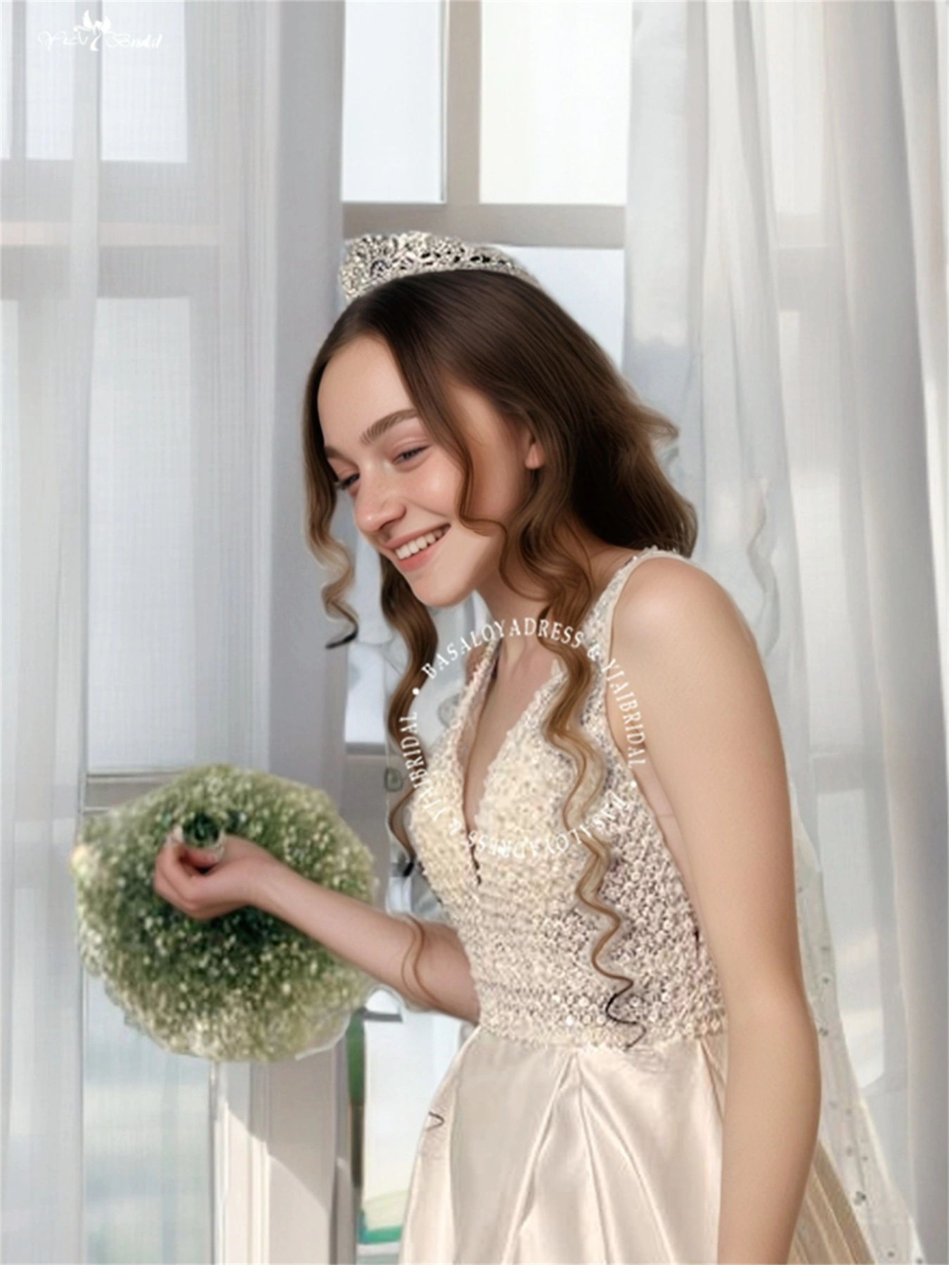 RSW2172 Gorgeous Pearls Lace Lattice Pattern V-Neck Satin Wedding Dress Open Slit With Pockets 1