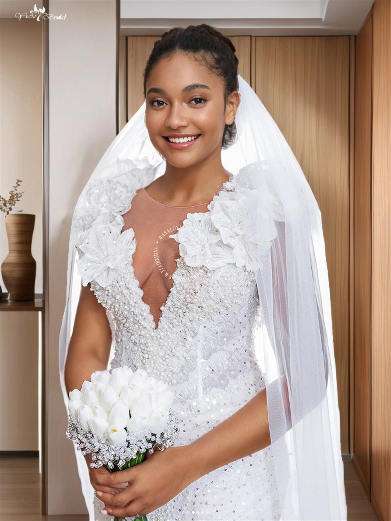3D Flowers Lace Bridal Gown with Plunging V Neckline and Flute-Mermaid Silhouette 1