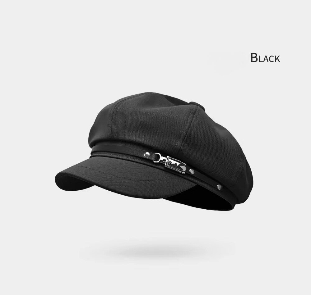 Black newsboy cap with a short curved brim and a narrow decorative band
