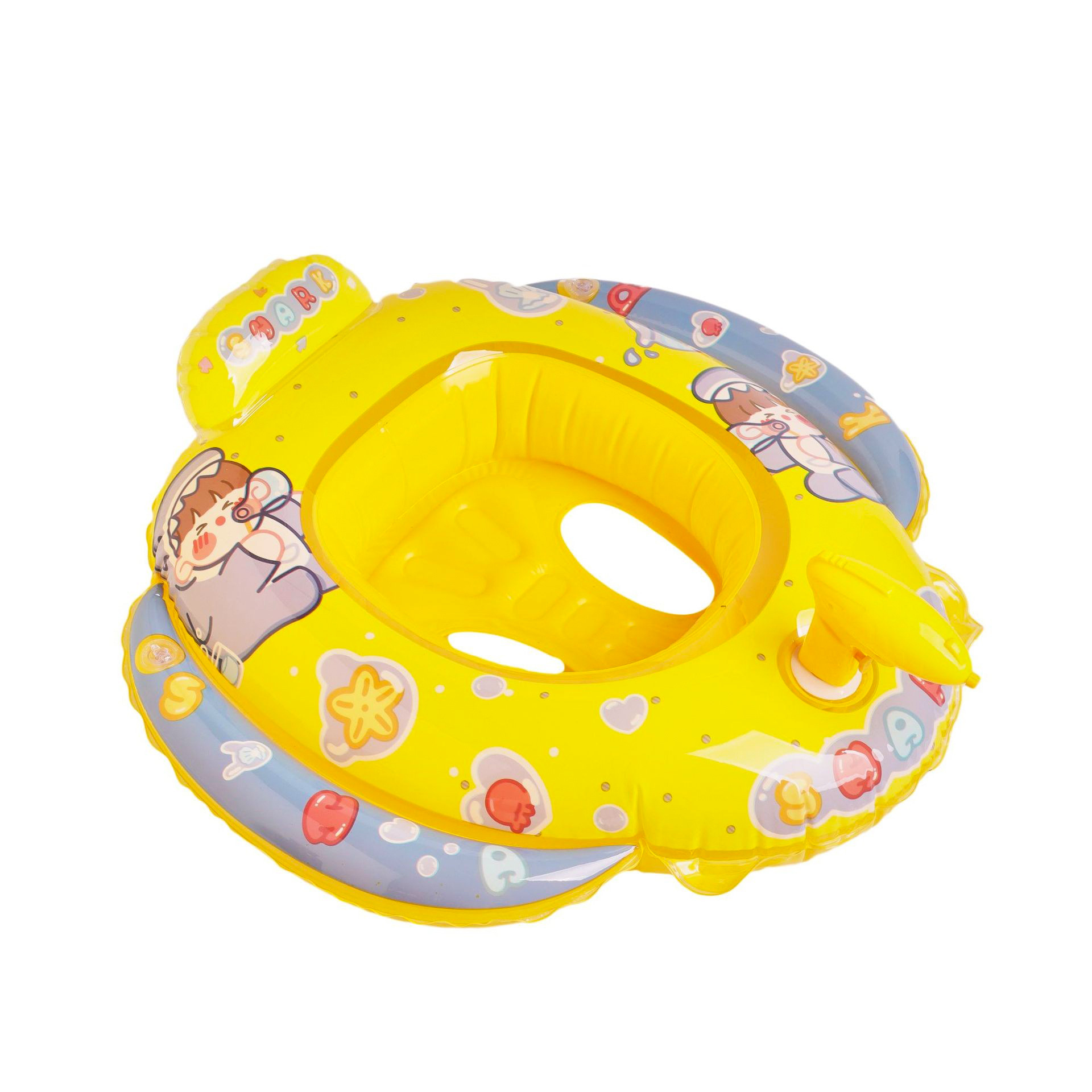 Neue Ankunft Cartoon-Muster Schwimmen Float Sitz Mit Wasser Pistole Pvc Aufblasbare Schwimmen Ring Boot Für Kinder 1