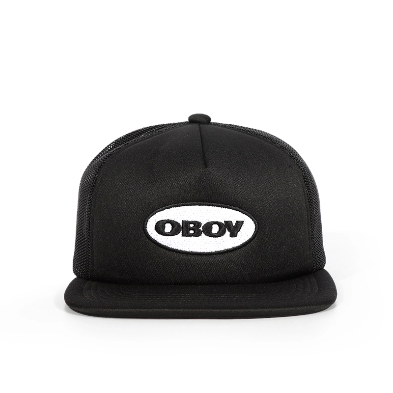 100% polyester flat brim 5 PANEL Embroidered Mens Trucker Snapback hat 1