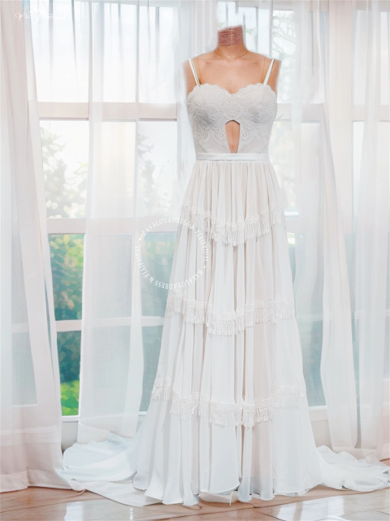 Spaghetti Straps Keyhole Chest Bohemian Lace Beach Wedding Dresses 1
