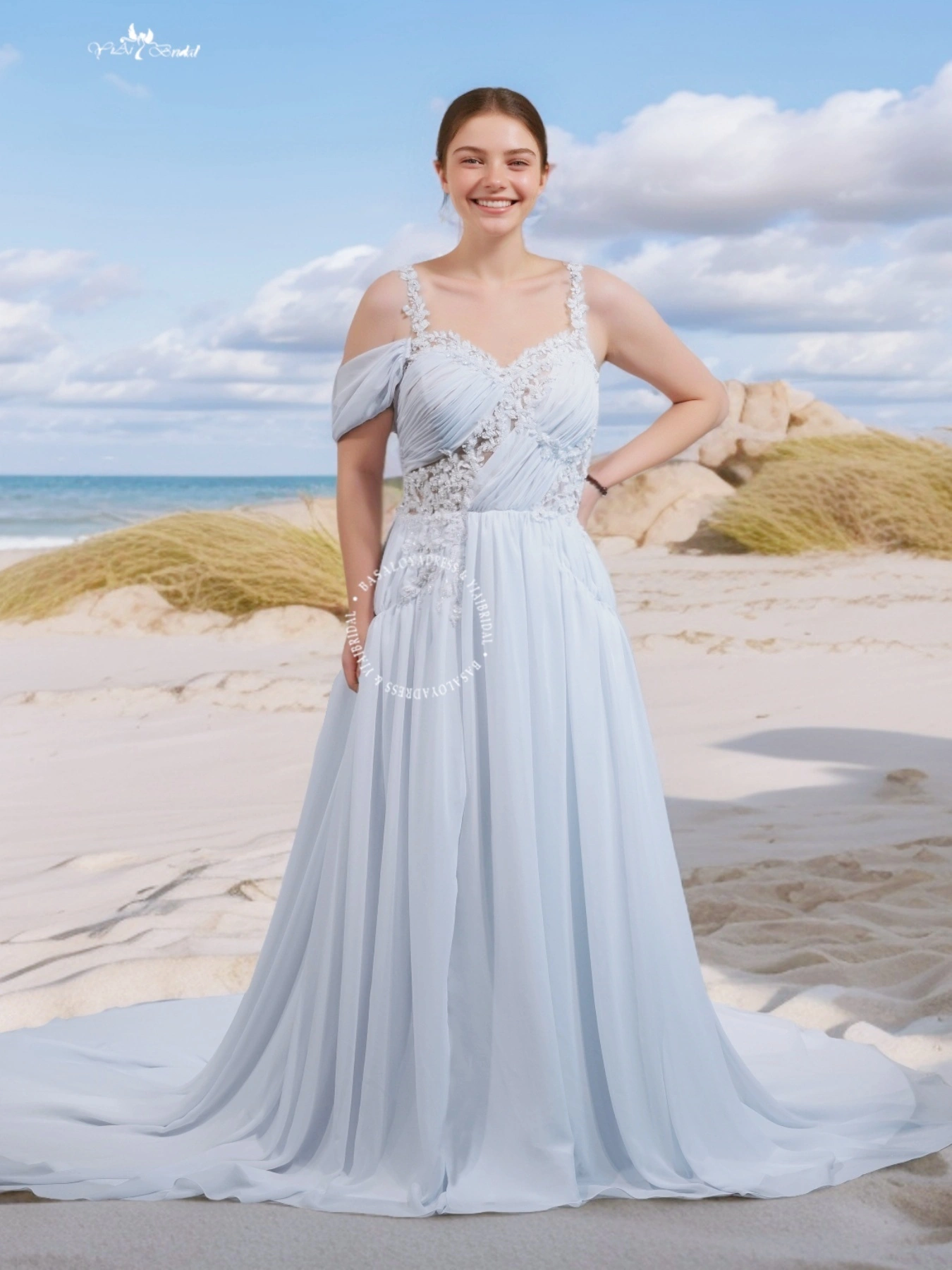 RSW2235 White Chiffon Bridal Gown with Sequins Lace Appliques and Open Split 1