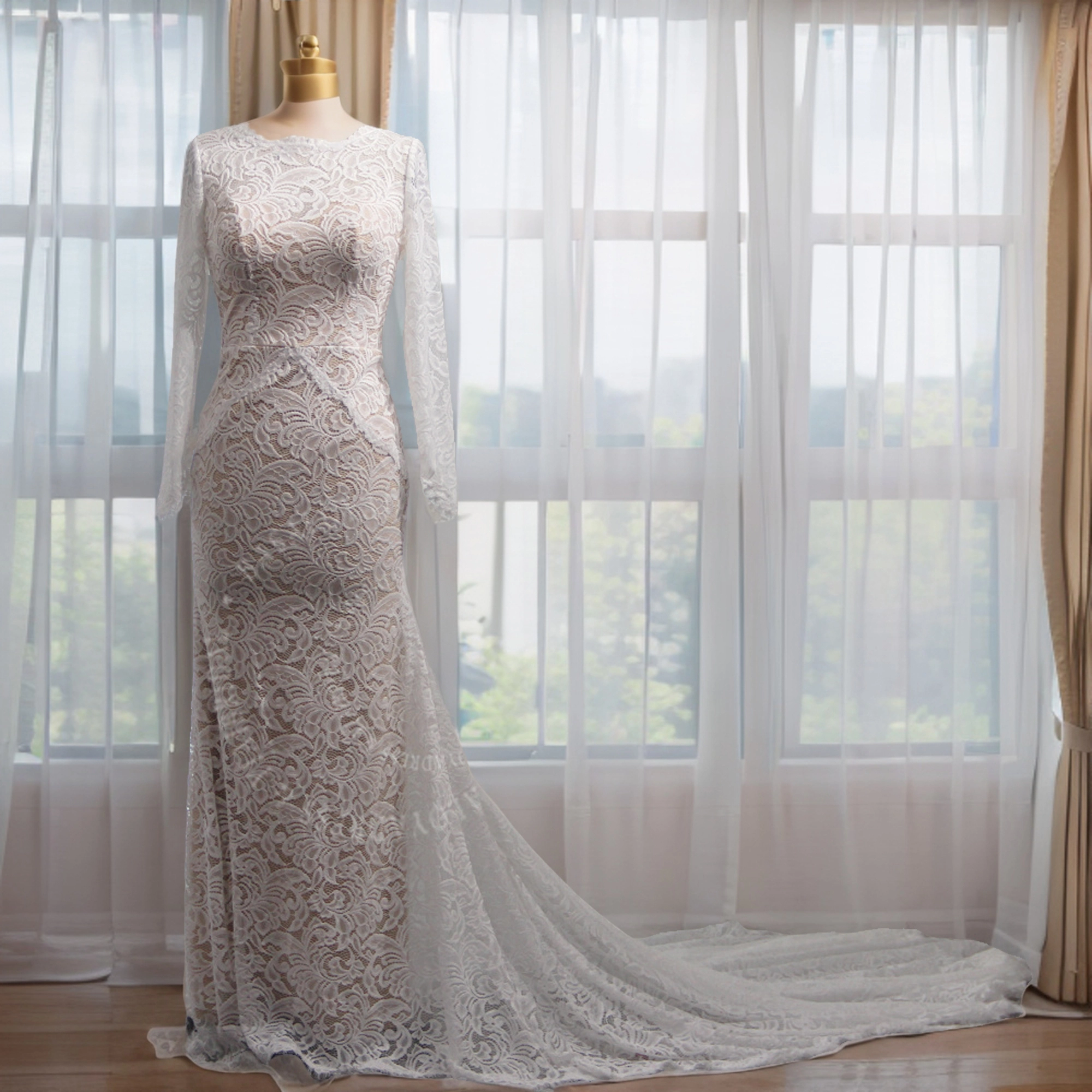 RSW1970 Flexible Lace Long Sleeves Bohemian Wedding Dress with Open Back 1