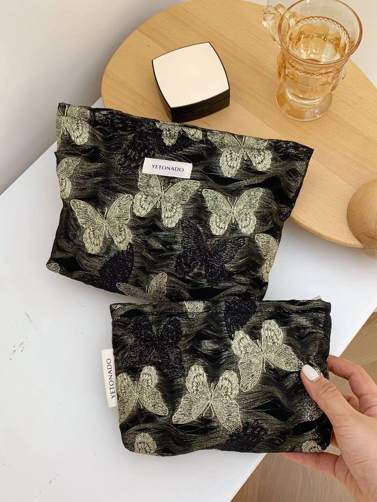 Bolsa de almacenamiento Retro de seda dorada con mariposas para mujer y niña, bolsa de aseo de viaje de algodón orgánico, bolsa de maquillaje cosmético con cremallera, regalo de cumpleaños 1