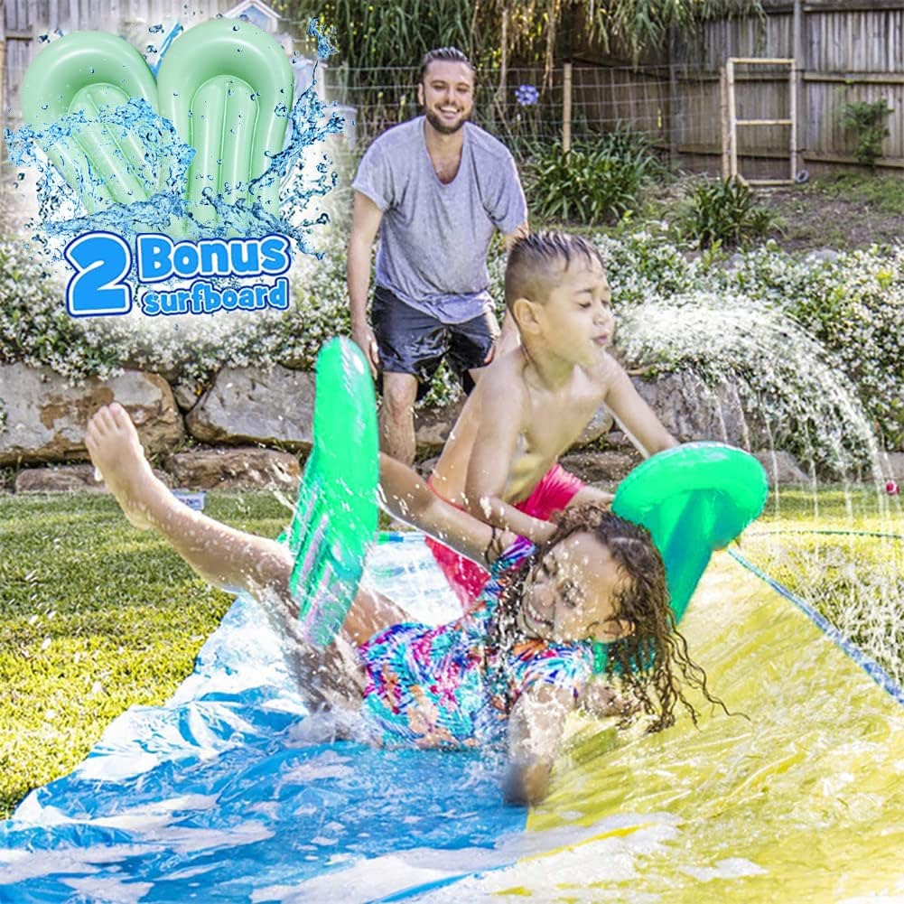 מגלשות מים מתנפחות עם 2 בודיבורדים צעצוע מים קיץ עם ממטרה מובנית לחצר האחורית צעצוע חוץ לילדים 4