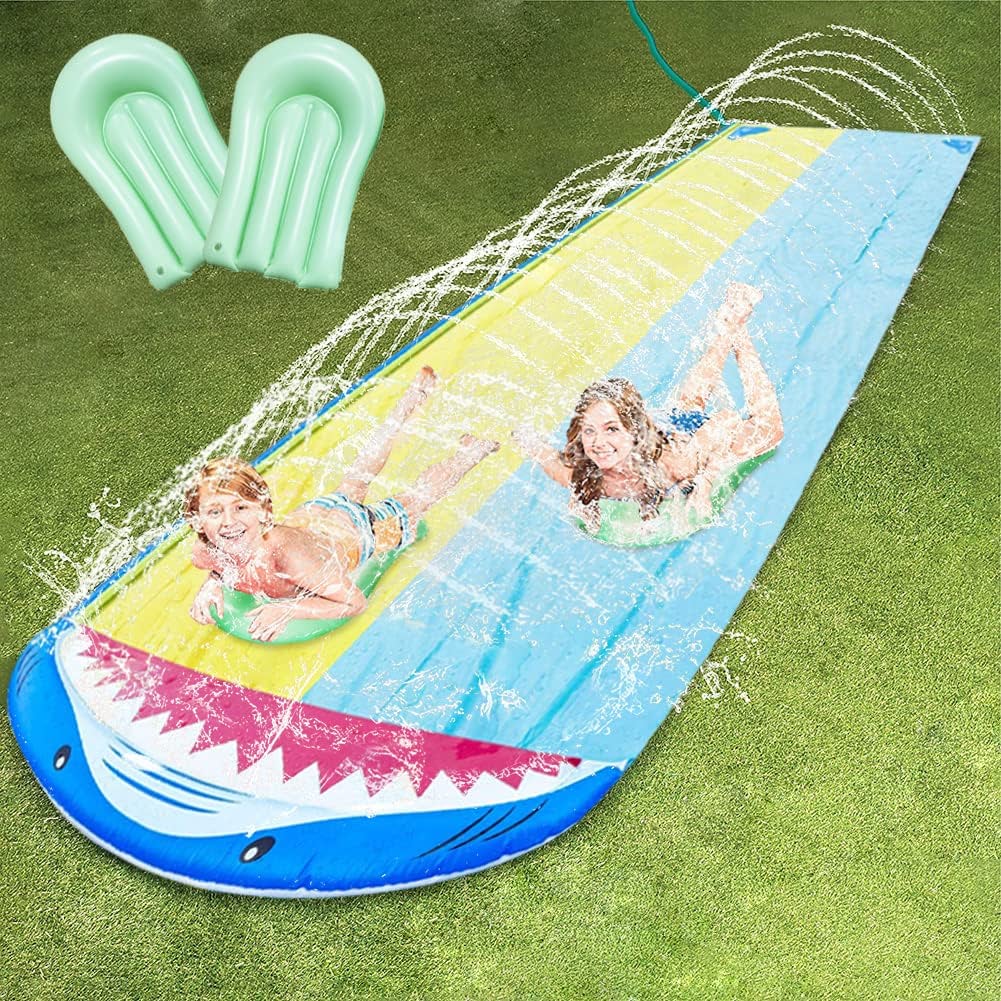 מגלשות מים מתנפחות עם 2 בודיבורדים צעצוע מים קיץ עם ממטרה מובנית לחצר האחורית צעצוע חוץ לילדים 1