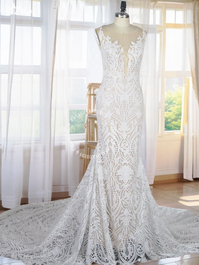 RSW1877 Plunging V Neck Sleeveless Lace Mermaid Wedding Dress 1